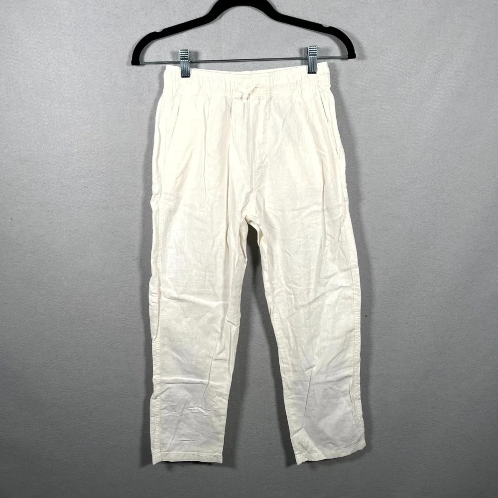 H&M Lounge Pants Womens 12 White Linen Chambray‎ Straight Leg Drawstring Casual